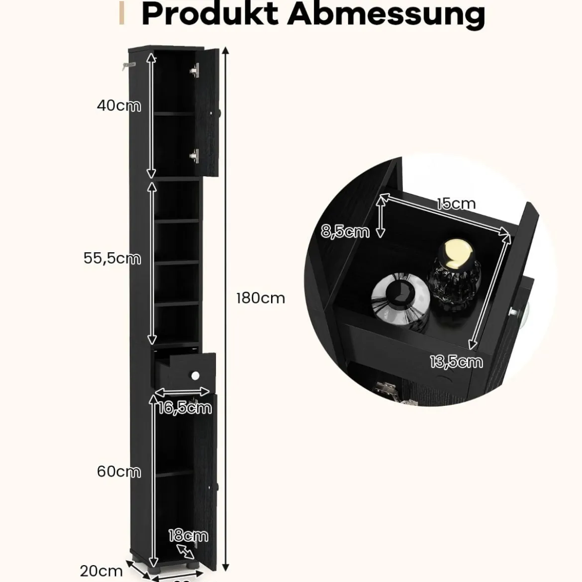 Schmaler Badschrank mit 2 Türen & 1 Schublade & Verstellbaren Regalen Badezimmerschrank Schwarz