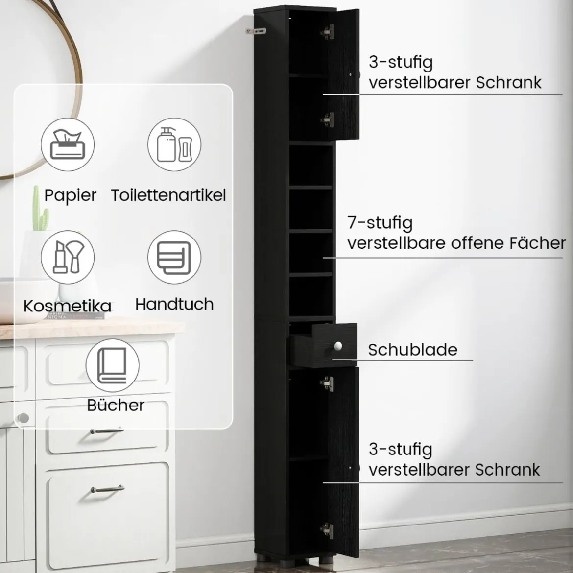 Schmaler Badschrank mit 2 Türen & 1 Schublade & Verstellbaren Regalen Badezimmerschrank Schwarz