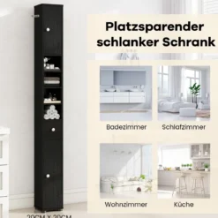 Schmaler Badschrank mit 2 Türen & 1 Schublade & Verstellbaren Regalen Badezimmerschrank Schwarz