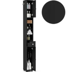 Schmaler Badschrank mit 2 Türen & 1 Schublade & Verstellbaren Regalen Badezimmerschrank Schwarz