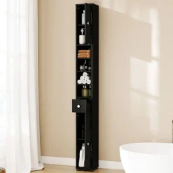Schmaler Badschrank mit 2 Türen & 1 Schublade & Verstellbaren Regalen Badezimmerschrank Schwarz