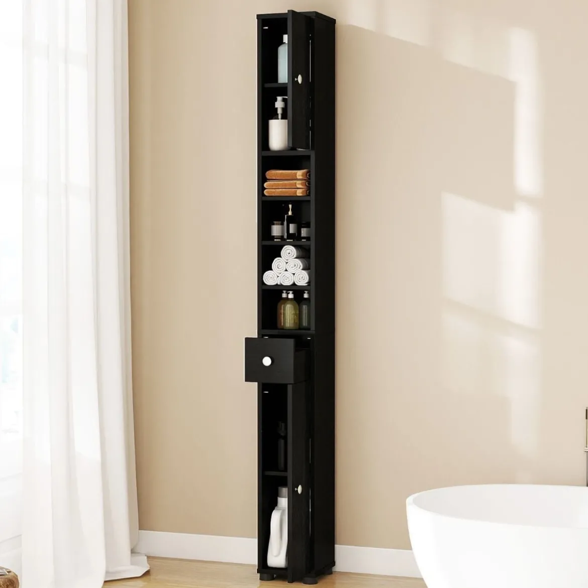 Schmaler Badschrank mit 2 Türen & 1 Schublade & Verstellbaren Regalen Badezimmerschrank Schwarz