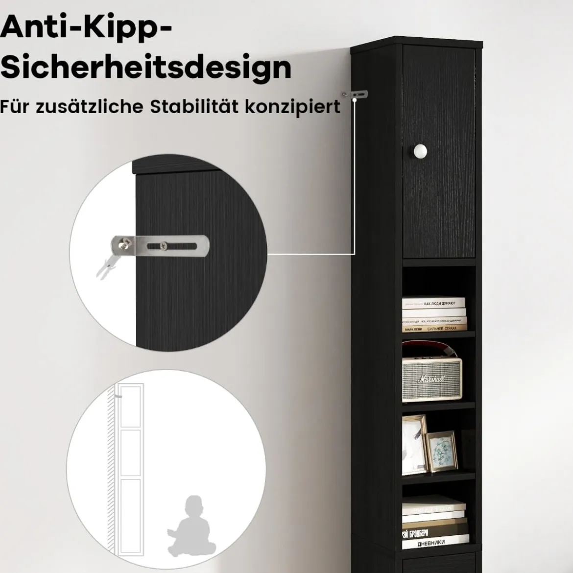 Schmaler Badschrank mit 2 Türen & 1 Schublade & Verstellbaren Regalen Badezimmerschrank Schwarz