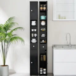 Schmaler Badschrank mit 2 Türen & 1 Schublade & Verstellbaren Regalen Badezimmerschrank Schwarz