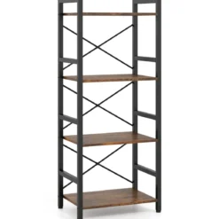Schmaler Bücherregal 4-stöckiges freistehendes Standregal mit robustem Metallrahmen Rustikal Braun