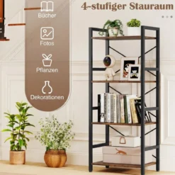 Schmaler Bücherregal 4-stöckiges freistehendes Standregal mit robustem Metallrahmen Rustikal Braun