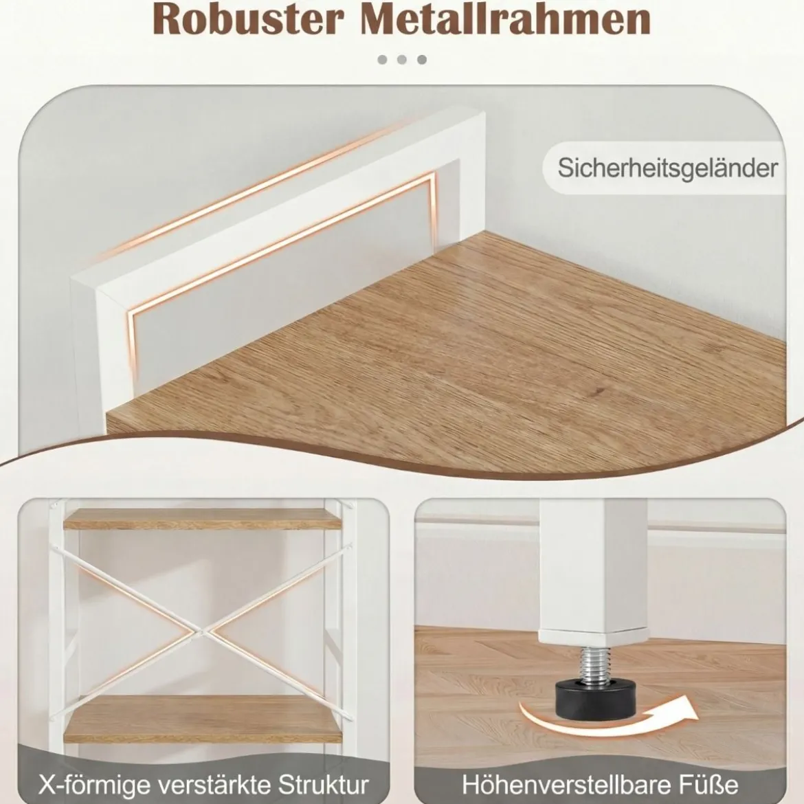 Schmaler Bücherregal 4-stöckiges freistehendes Standregal mit robustem Metallrahmen Natur