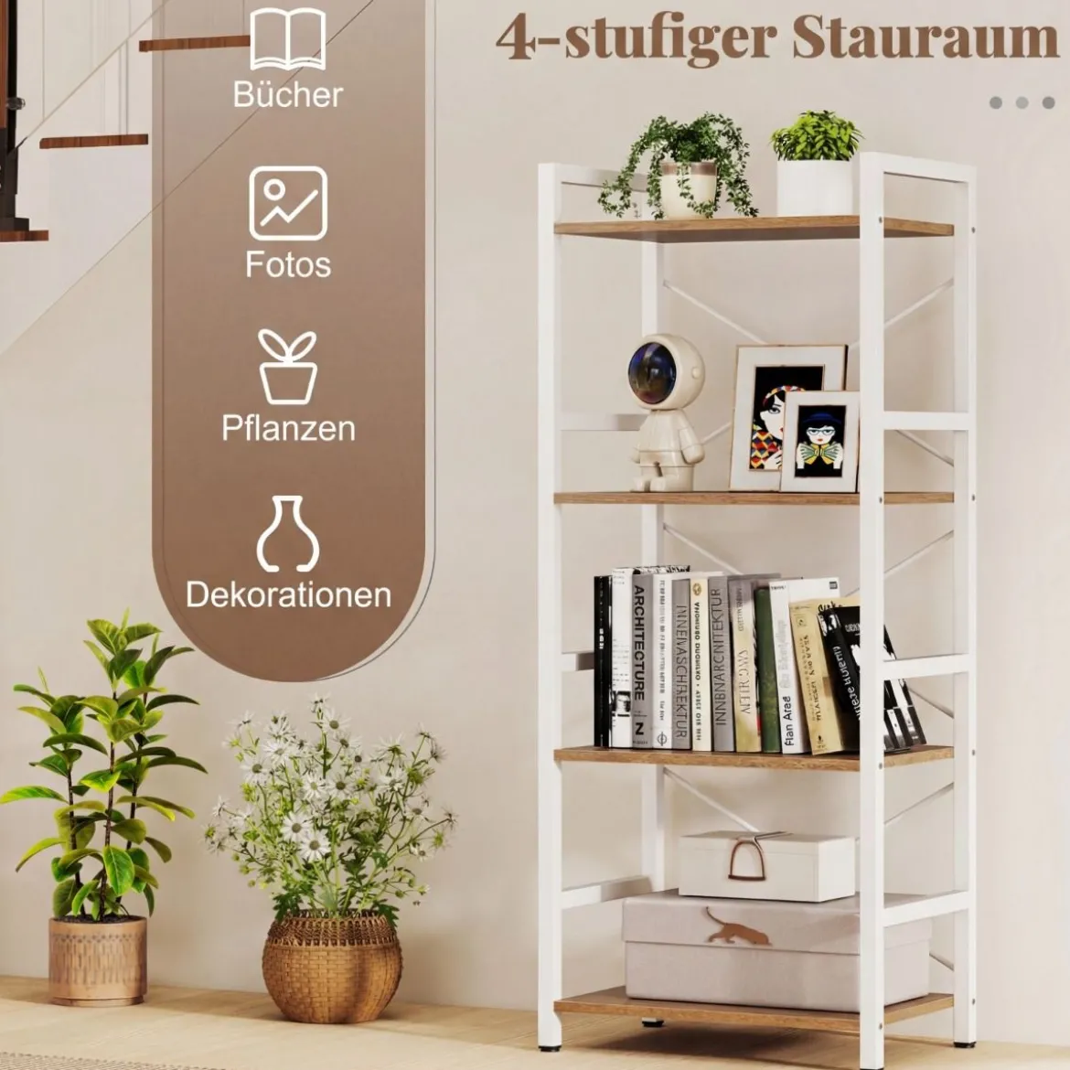 Schmaler Bücherregal 4-stöckiges freistehendes Standregal mit robustem Metallrahmen Natur