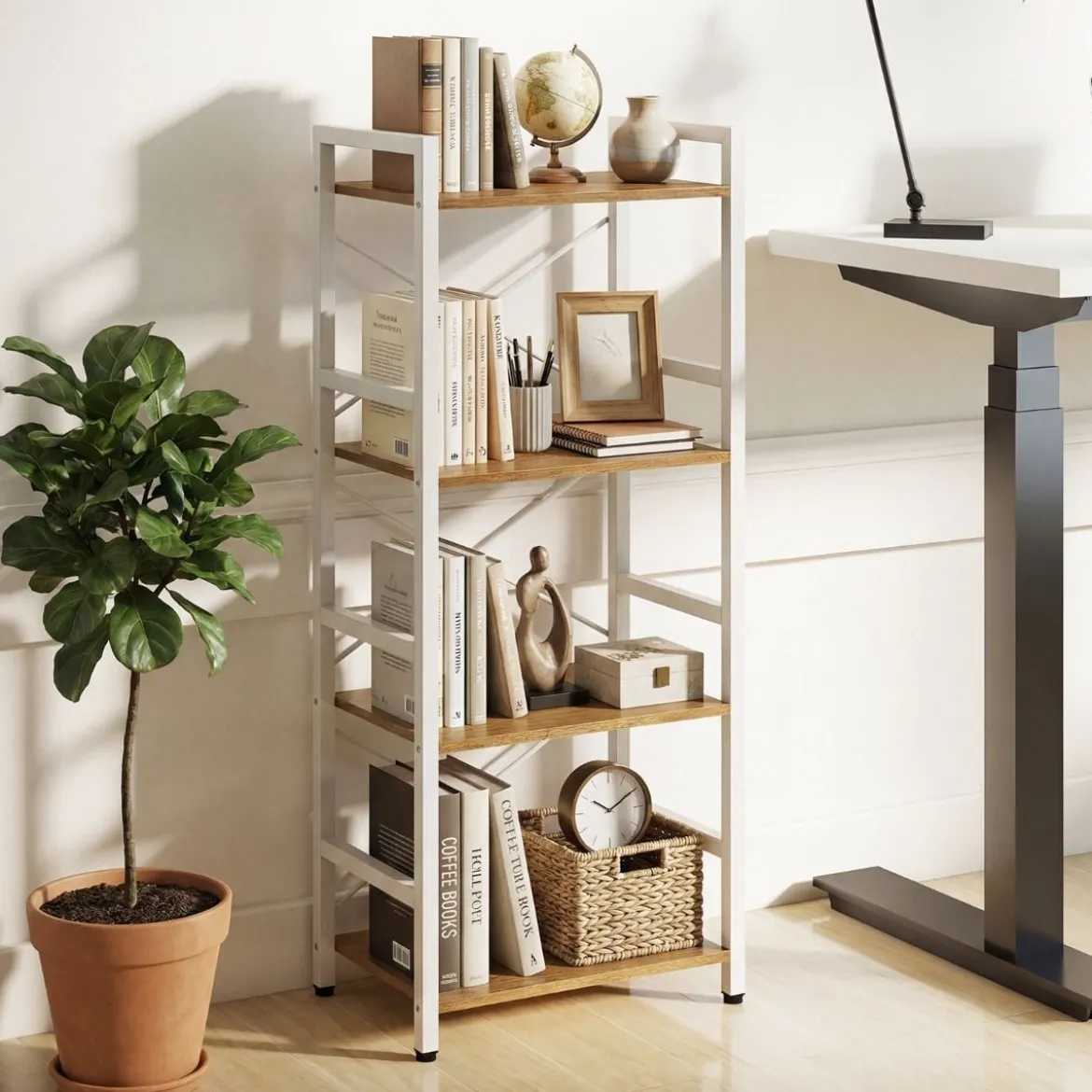 Schmaler Bücherregal 4-stöckiges freistehendes Standregal mit robustem Metallrahmen Natur