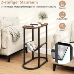 Schmaler Beistelltisch 2-stufiger ovaler Nachttisch mit Zeitschriftenschlinge platzsparender Sofatisch Rustikales Braun