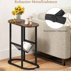 Schmaler Beistelltisch 2-stufiger ovaler Nachttisch mit Zeitschriftenschlinge platzsparender Sofatisch Rustikales Braun