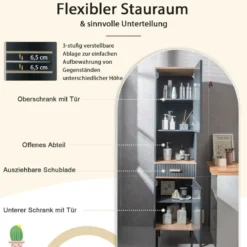 Schmaler Hochschrank mit 5 Fächern & 2 Türen & Verstellbaren Regalen Grau