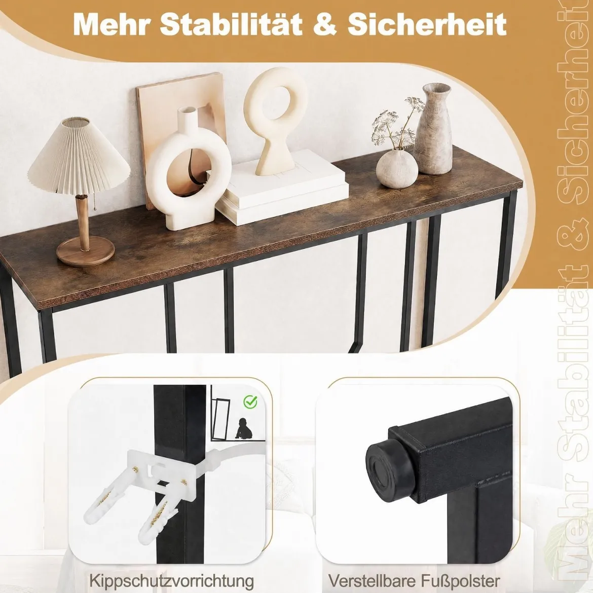 Schmaler Konsolentisch aus Metall mit Kippschutz-Vorrichtungen 110 x 30 x 80 cm Rustikales Braun