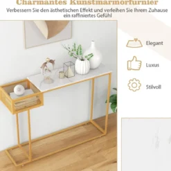 Schmaler Konsolentisch aus Weißem Kunstmarmor mit Goldenem Metallrahmen & Korb