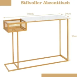 Schmaler Konsolentisch aus Weißem Kunstmarmor mit Goldenem Metallrahmen & Korb