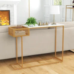 Schmaler Konsolentisch aus Weißem Kunstmarmor mit Goldenem Metallrahmen & Korb