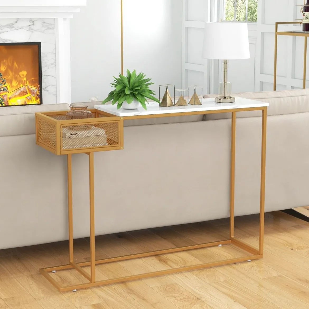 Schmaler Konsolentisch aus Weißem Kunstmarmor mit Goldenem Metallrahmen & Korb