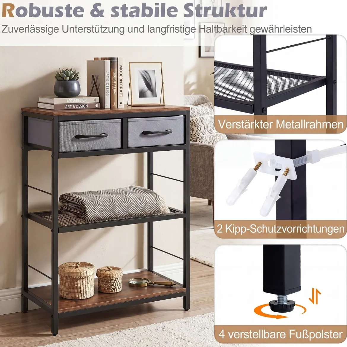 Schmaler Konsolentisch Eingangstisch mit 2 Stoffschubladen & Offenen Regalen 60 x 30 x 81 cm Rustikalbraun