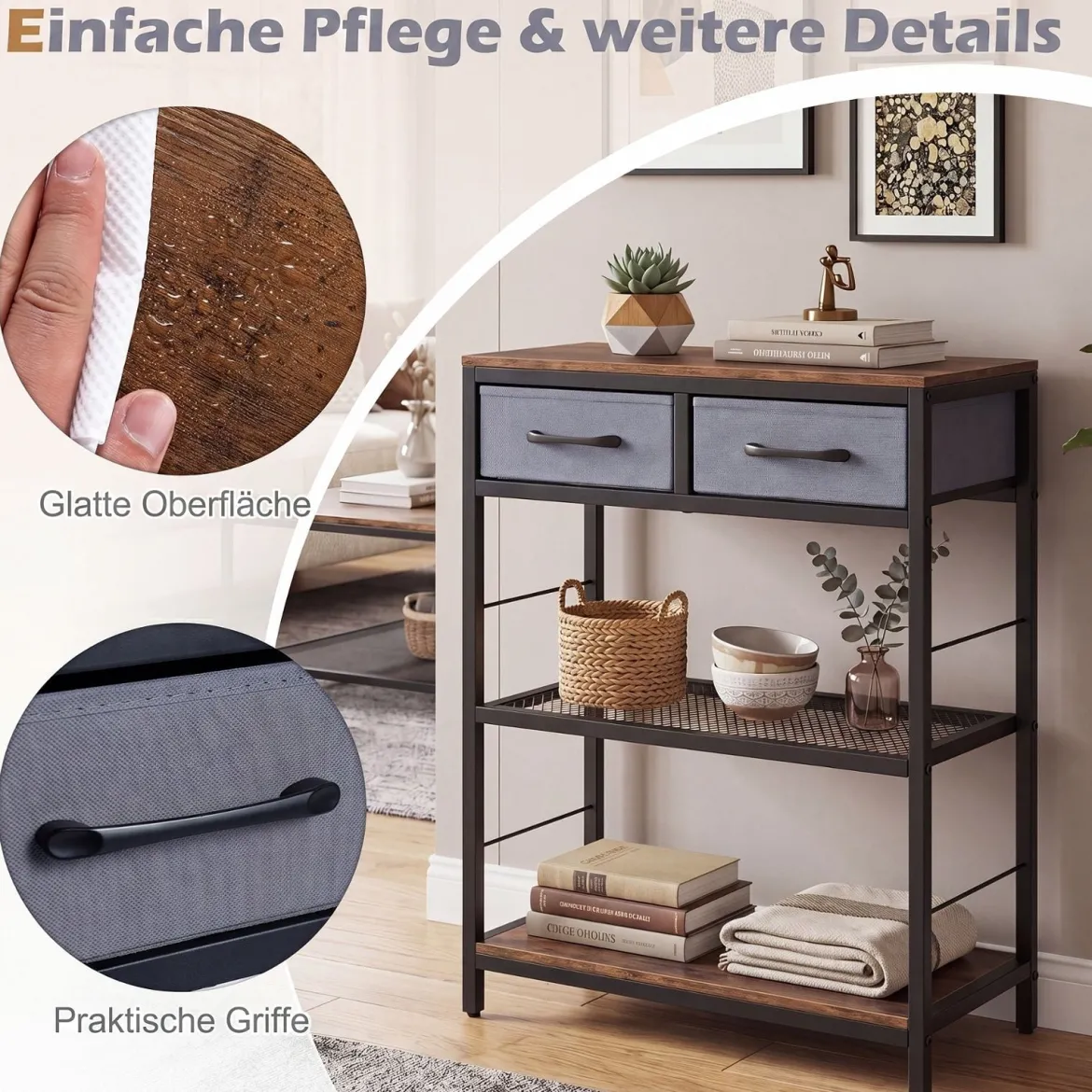 Schmaler Konsolentisch Eingangstisch mit 2 Stoffschubladen & Offenen Regalen 60 x 30 x 81 cm Rustikalbraun