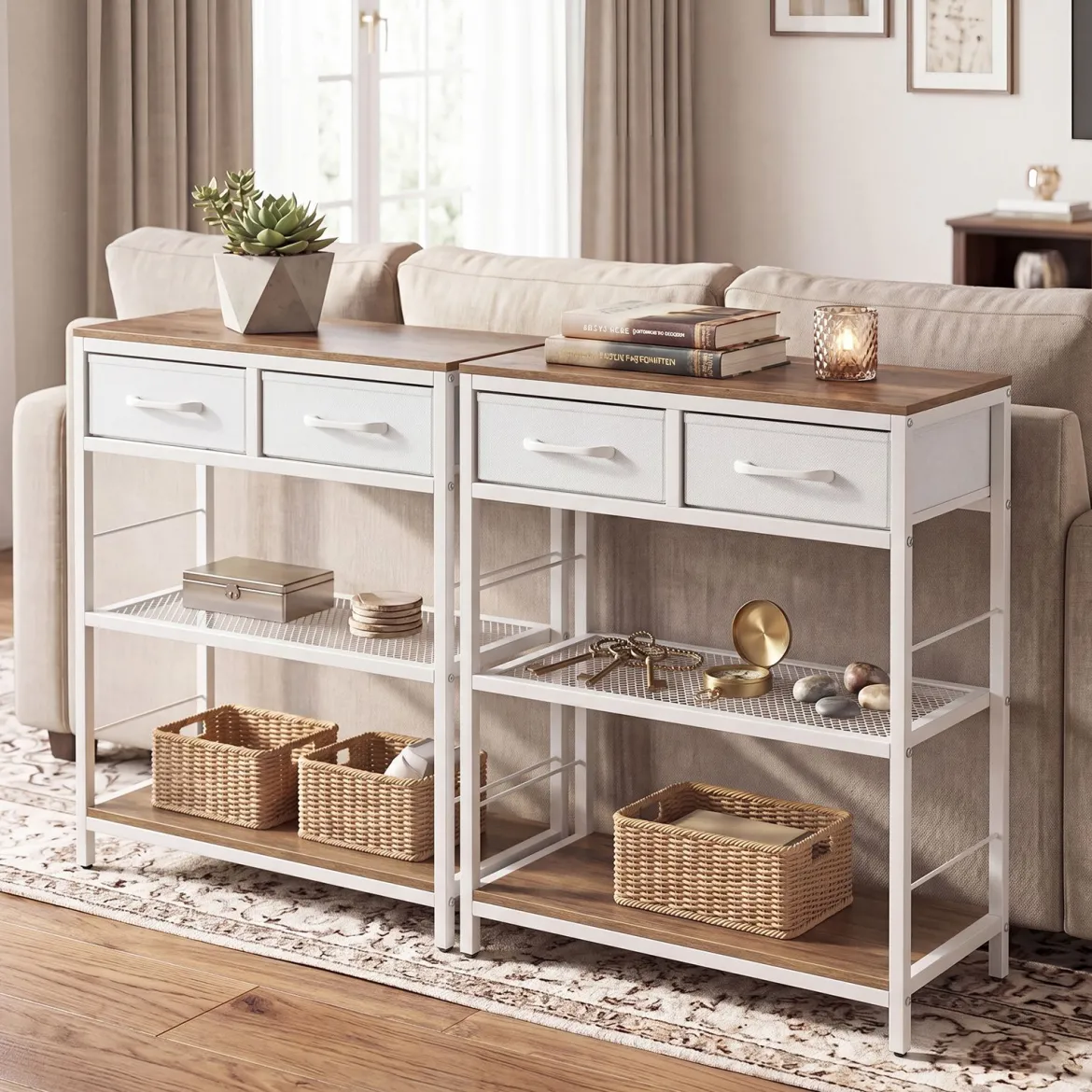 Schmaler Konsolentisch Eingangstisch mit 2 Stoffschubladen & Offenen Regalen 60 x 30 x 81 cm Natur