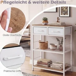 Schmaler Konsolentisch Eingangstisch mit 2 Stoffschubladen & Offenen Regalen 60 x 30 x 81 cm Natur