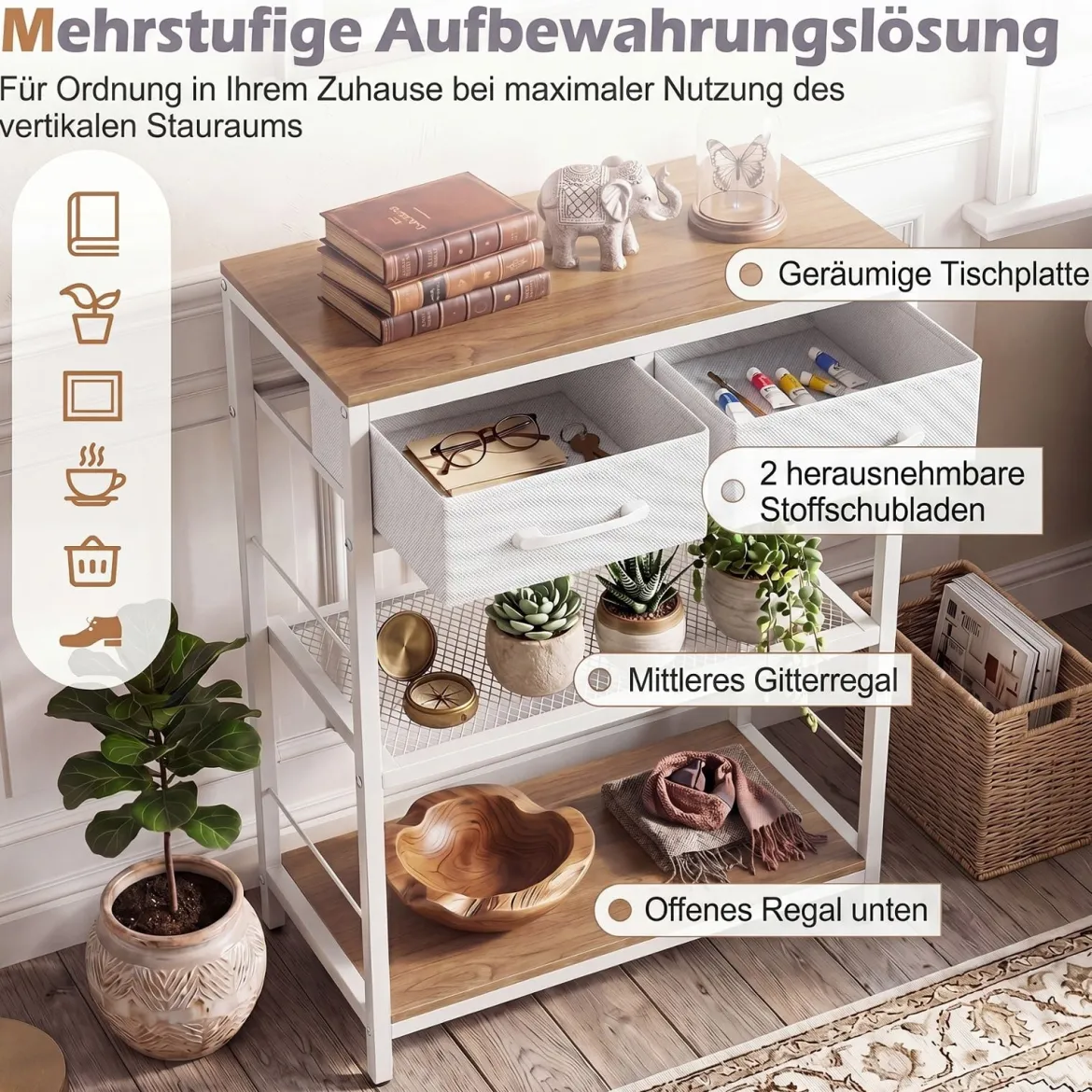 Schmaler Konsolentisch Eingangstisch mit 2 Stoffschubladen & Offenen Regalen 60 x 30 x 81 cm Natur