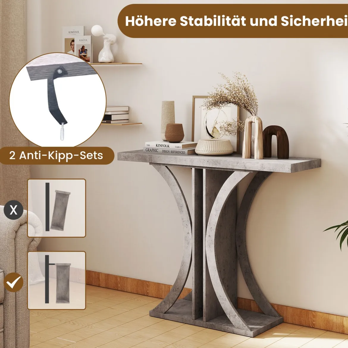Schmaler Konsolentisch mit Geometrischem Metallgestell im Industriestil Flurtisch Sofatisch Grau