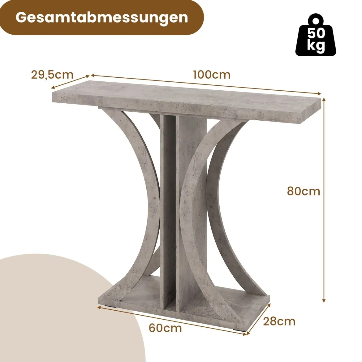 Schmaler Konsolentisch mit Geometrischem Metallgestell im Industriestil Flurtisch Sofatisch Grau