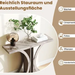 Schmaler Konsolentisch mit Geometrischem Metallgestell im Industriestil Flurtisch Sofatisch Grau