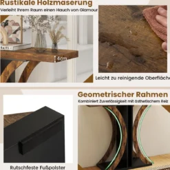 Schmaler Konsolentisch mit Geometrischem Metallgestell im Industriestil Flurtisch Sofatisch Braun