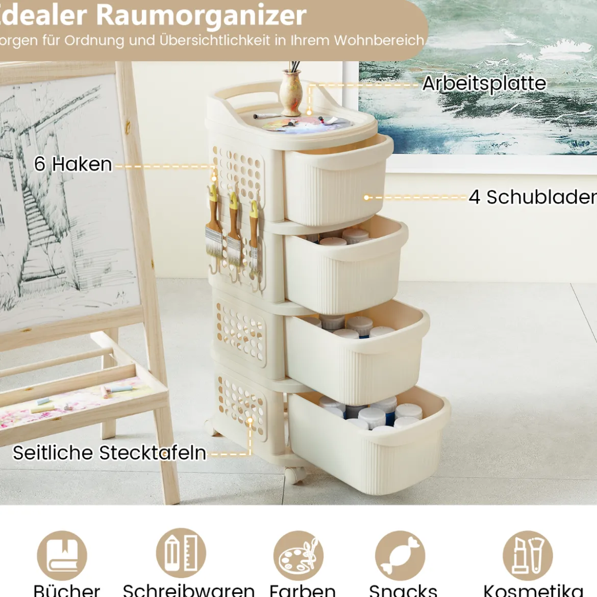 Schmaler Nischenschrank auf Rollen Nischenregal mit 4 Schubladen & Pegboard Nischenwagen