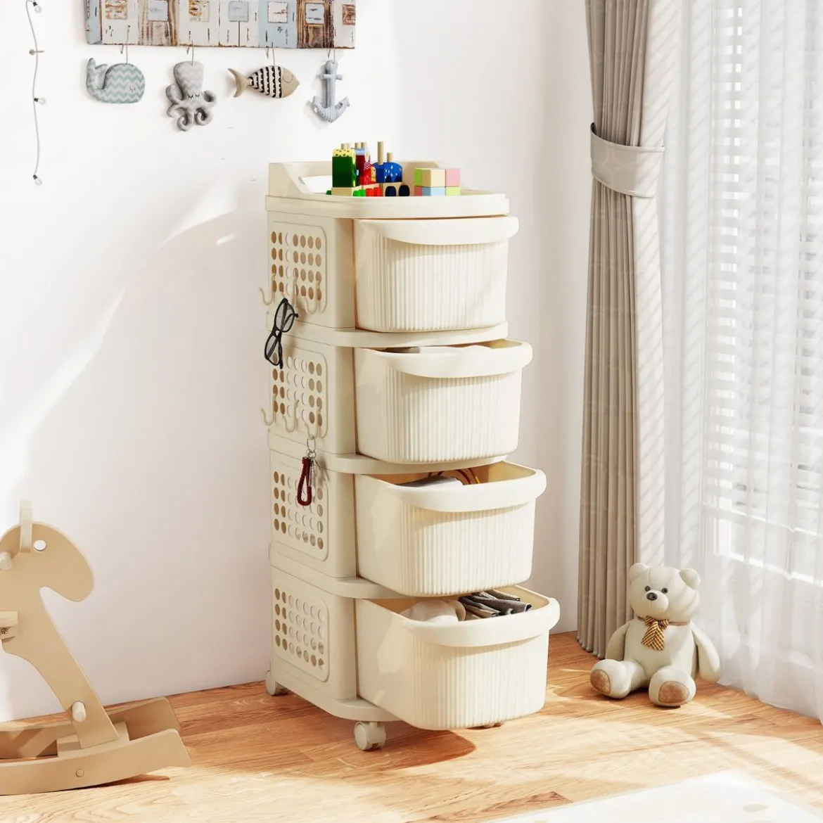 Schmaler Nischenschrank auf Rollen Nischenregal mit 4 Schubladen & Pegboard Nischenwagen