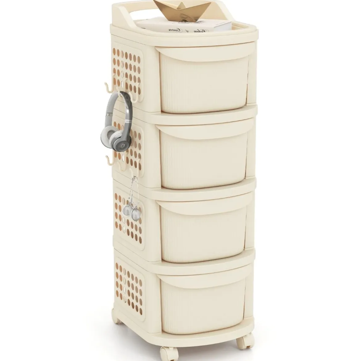 Schmaler Nischenschrank auf Rollen Nischenregal mit 4 Schubladen & Pegboard Nischenwagen