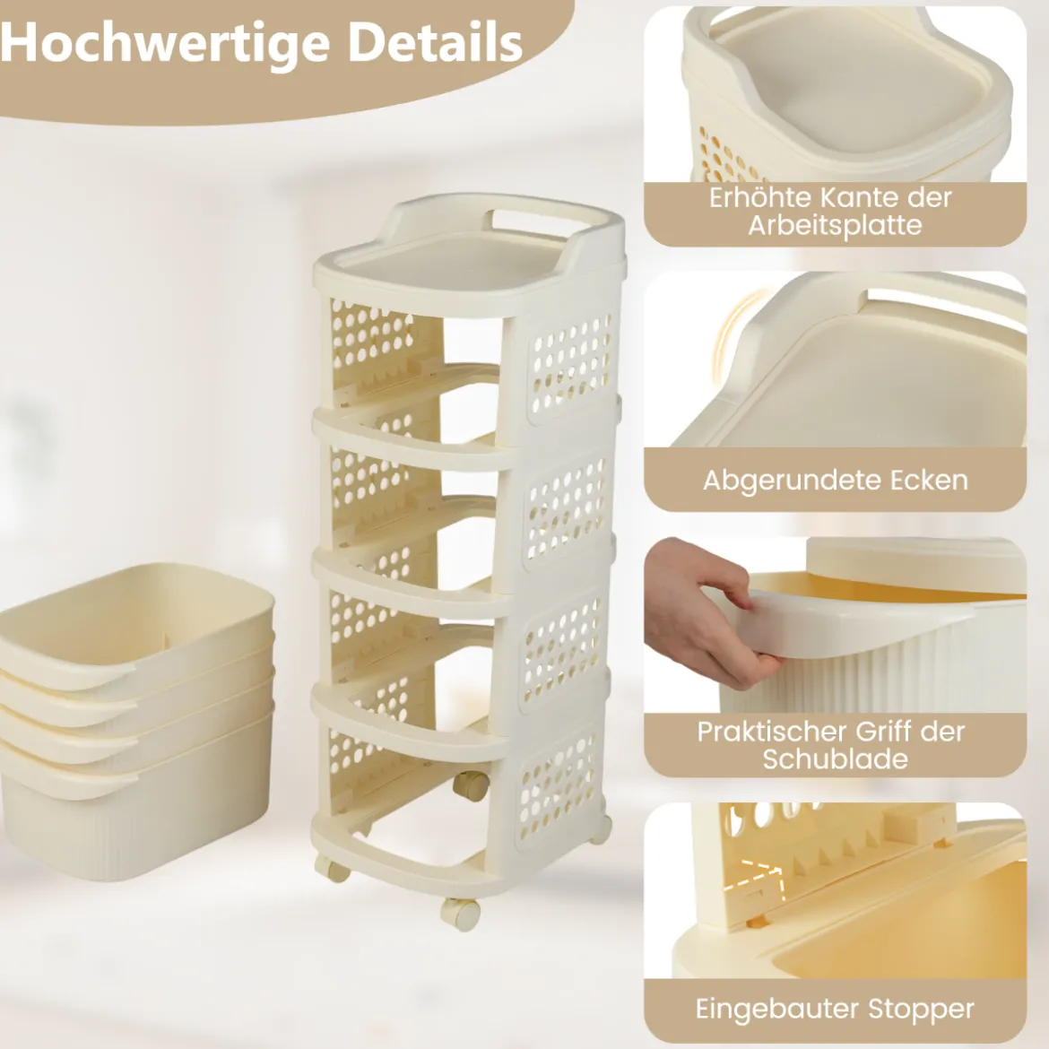 Schmaler Nischenschrank auf Rollen Nischenregal mit 4 Schubladen & Pegboard Nischenwagen