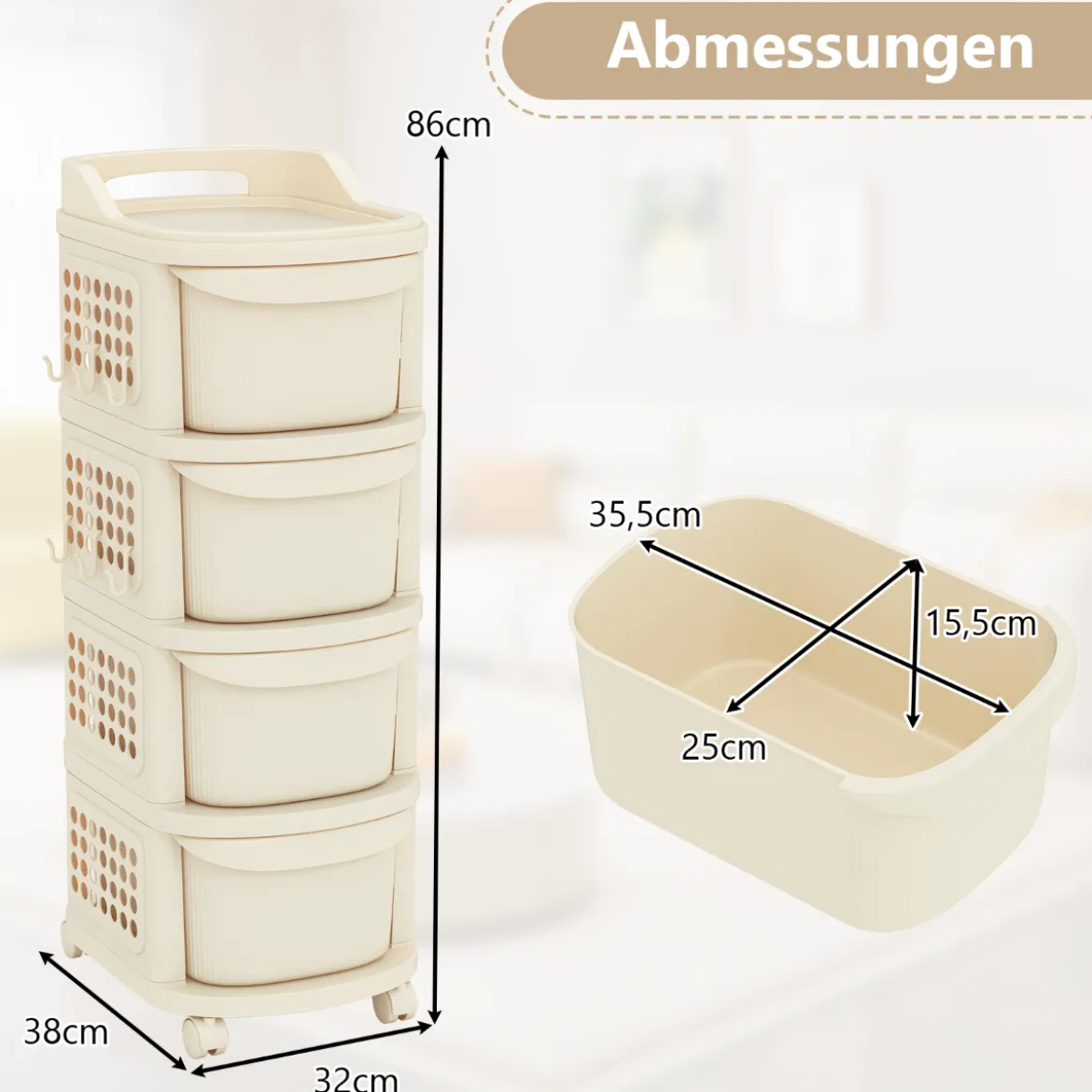 Schmaler Nischenschrank auf Rollen Nischenregal mit 4 Schubladen & Pegboard Nischenwagen