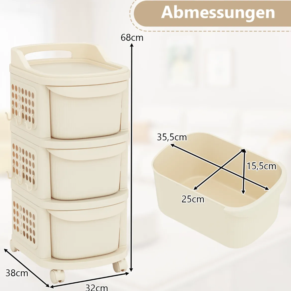 Schmaler Nischenschrank auf Rollen Nischenregal mit 3 Schubladen & Pegboard Nischenwagen