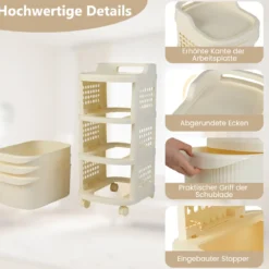 Schmaler Nischenschrank auf Rollen Nischenregal mit 3 Schubladen & Pegboard Nischenwagen