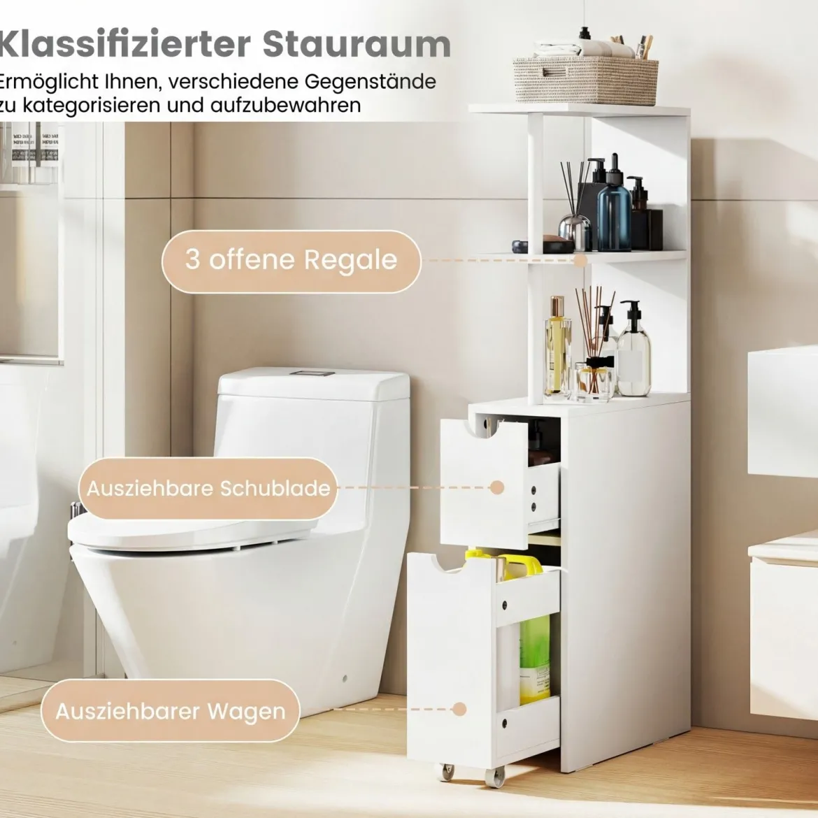 Schmaler Nischenschrank mit Offenen Regalen & Schublade & Herausziehbarem Wage Badschrank