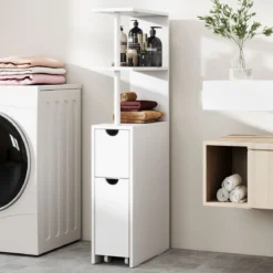 Schmaler Nischenschrank mit Offenen Regalen & Schublade & Herausziehbarem Wage Badschrank