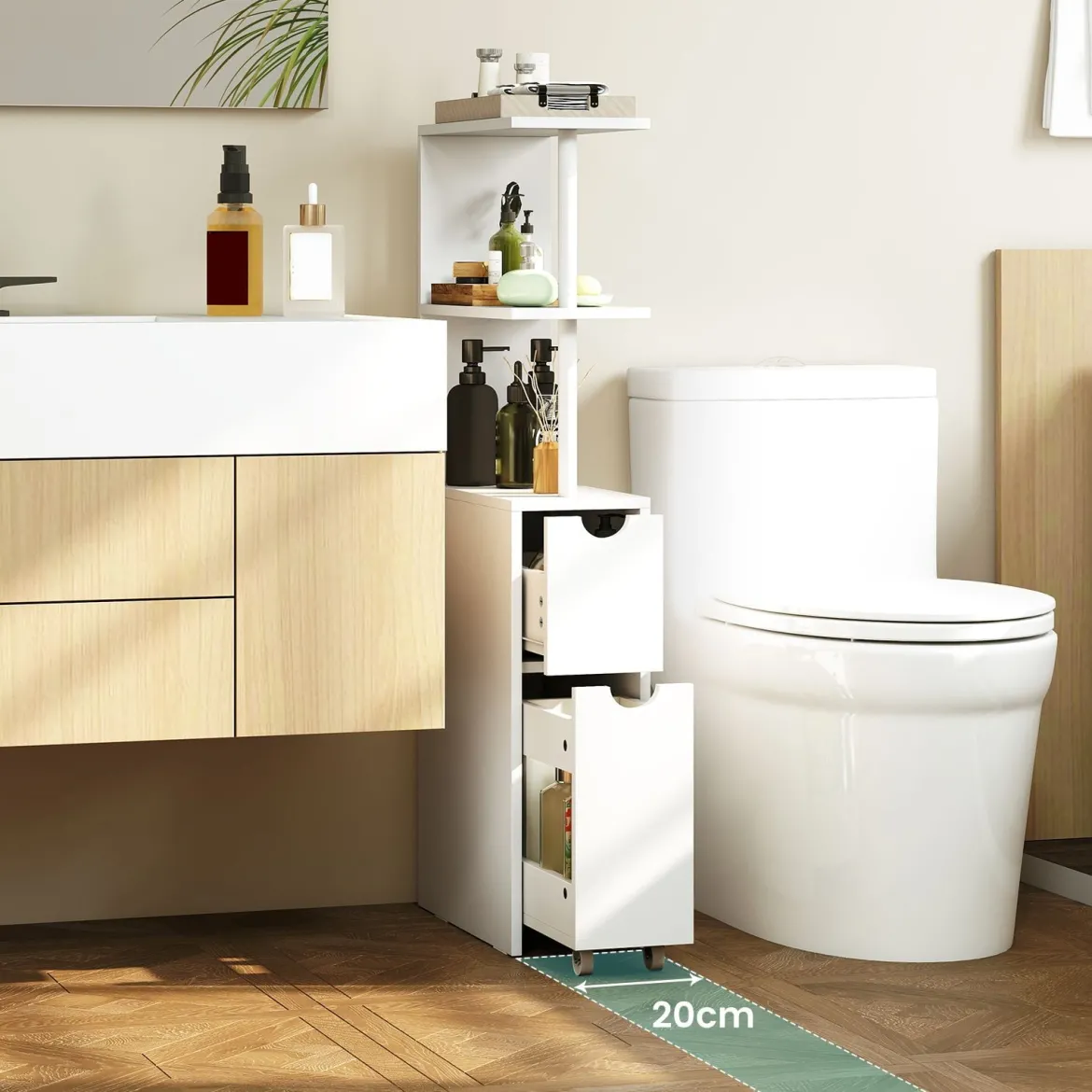 Schmaler Nischenschrank mit Offenen Regalen & Schublade & Herausziehbarem Wage Badschrank
