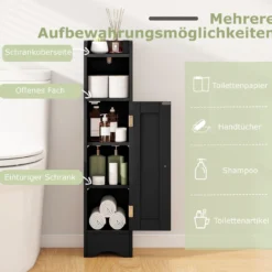 Schmaler Toilettenschrank mit Offenem Fach & 2 Verstellbare Ablagen Badschrank Schwarz