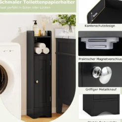 Schmaler Toilettenschrank mit Offenem Fach & 2 Verstellbare Ablagen Badschrank Schwarz