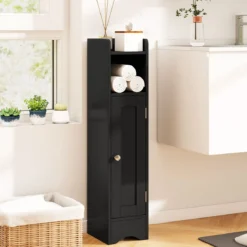 Schmaler Toilettenschrank mit Offenem Fach & 2 Verstellbare Ablagen Badschrank Schwarz