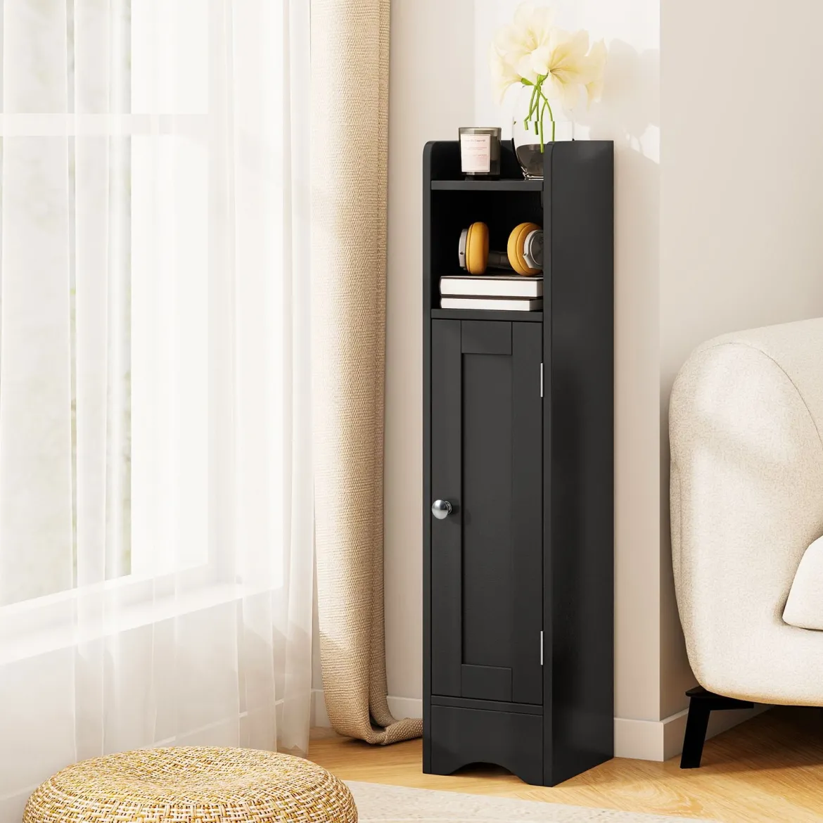 Schmaler Toilettenschrank mit Offenem Fach & 2 Verstellbare Ablagen Badschrank Schwarz