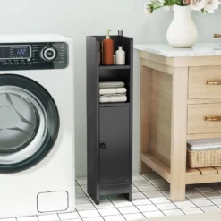Schmaler Toilettenschrank mit 2 Offenen Fächern & 2 Abnehmbarer Ablage Badschrank Schwarz