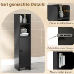 Schmaler Toilettenschrank mit 2 Offenen Fächern & 2 Abnehmbarer Ablage Badschrank Schwarz