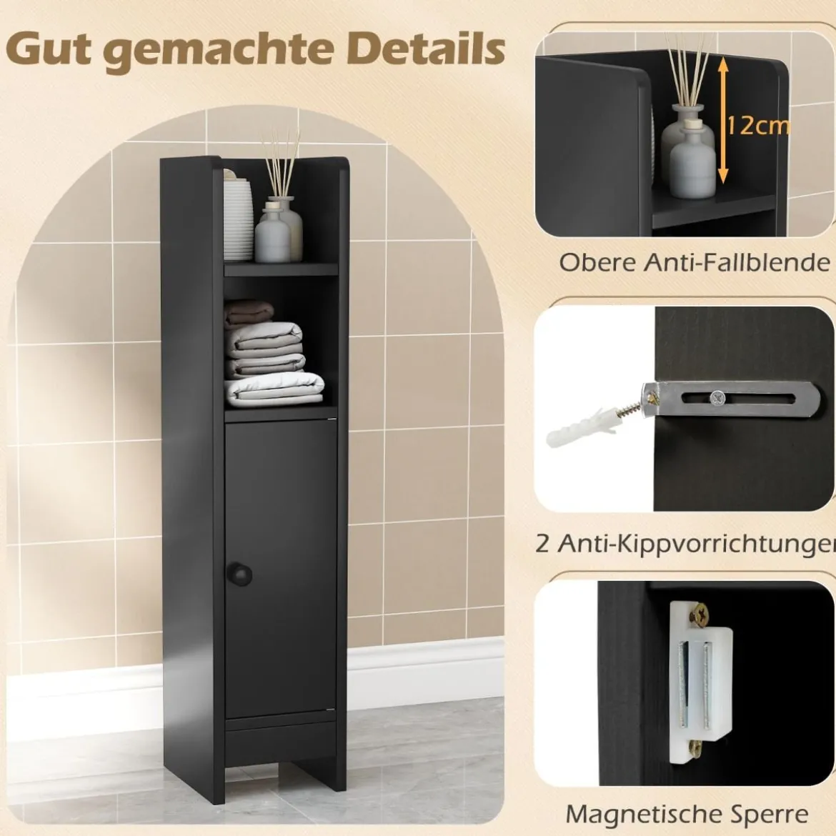 Schmaler Toilettenschrank mit 2 Offenen Fächern & 2 Abnehmbarer Ablage Badschrank Schwarz
