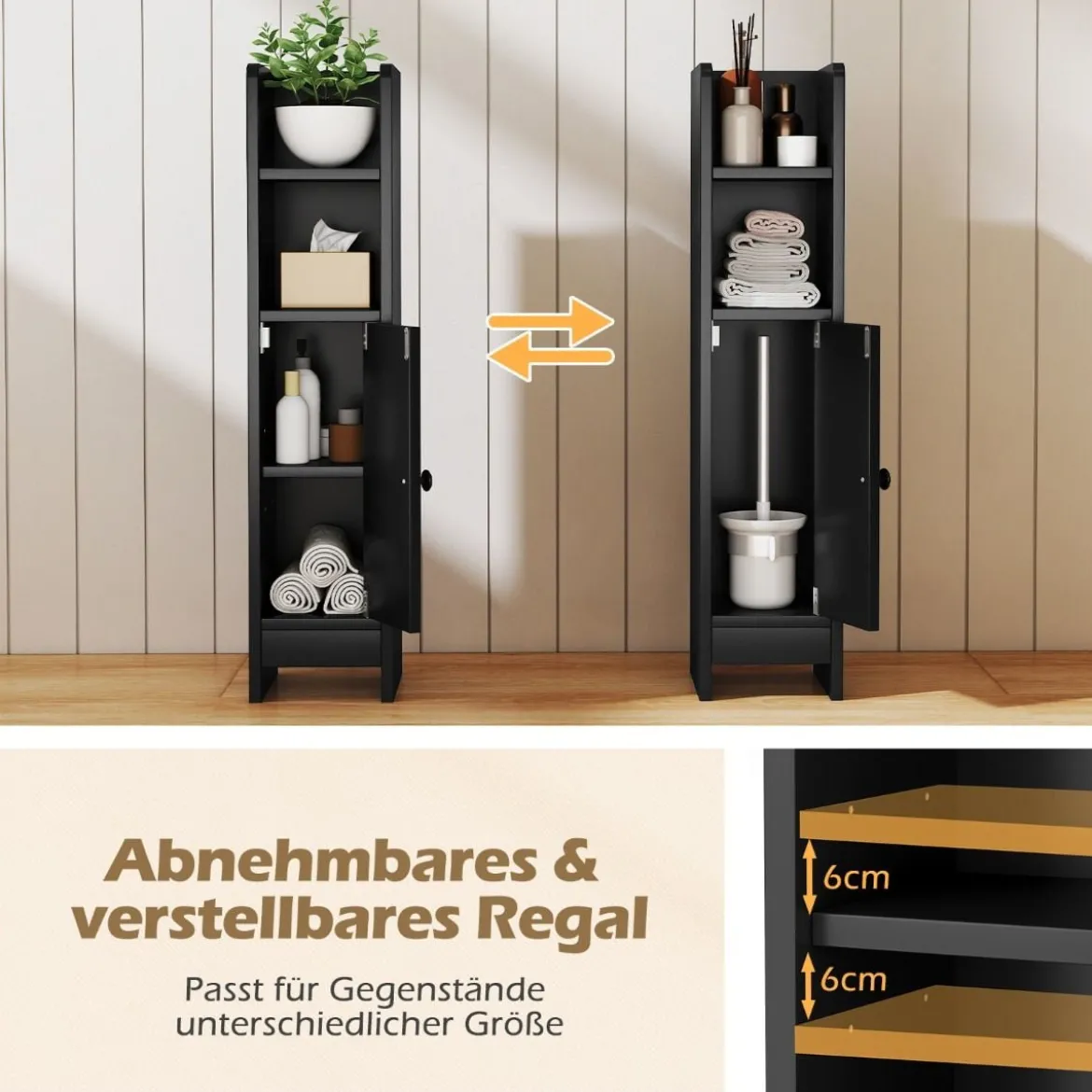 Schmaler Toilettenschrank mit 2 Offenen Fächern & 2 Abnehmbarer Ablage Badschrank Schwarz
