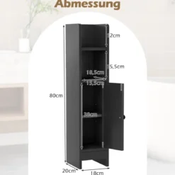 Schmaler Toilettenschrank mit 2 Offenen Fächern & 2 Abnehmbarer Ablage Badschrank Schwarz