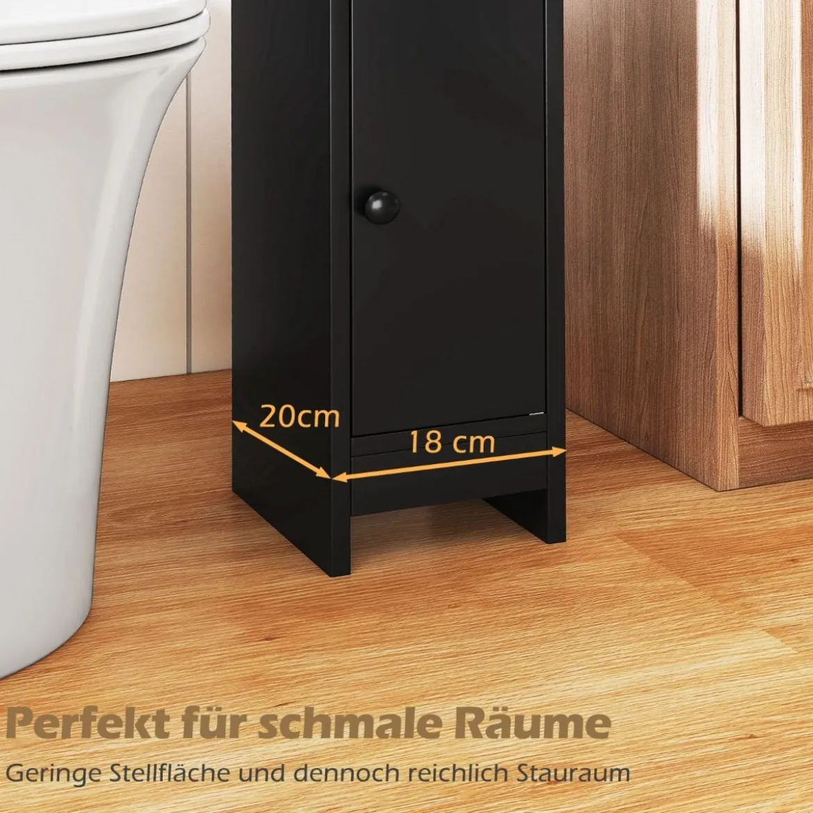 Schmaler Toilettenschrank mit 2 Offenen Fächern & 2 Abnehmbarer Ablage Badschrank Schwarz